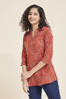 printed rayon round neck women's casual wear tunic - rust
