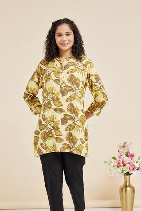 printed rayon round neck women's casual wear tunic - yellow mix