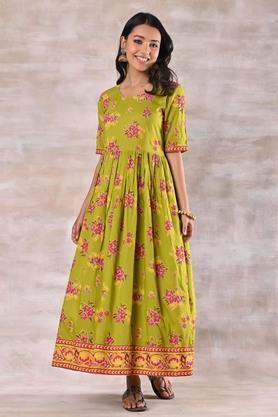 printed rayon round neck women's ethnic dress - green