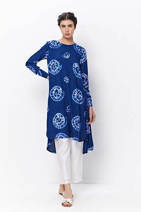 printed rayon round neck women's formal wear kurta - blue