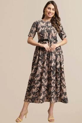 printed rayon round neck women's gown - black