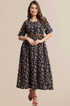 printed rayon round neck women's gown - black