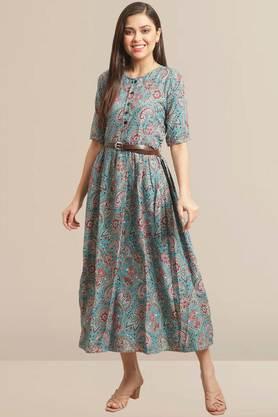 printed rayon round neck women's gown - blue