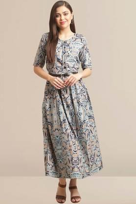 printed rayon round neck women's gown - blue
