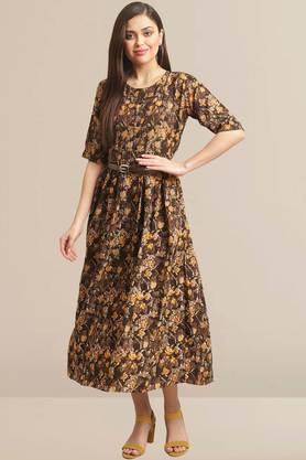 printed rayon round neck women's gown - brown