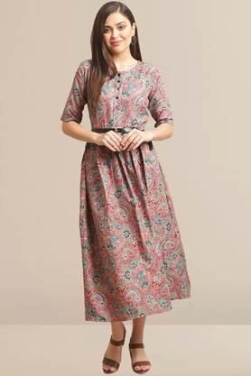 printed rayon round neck women's gown - multi