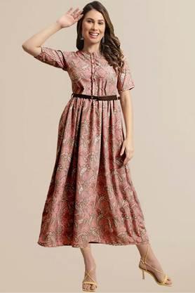printed rayon round neck women's gown - peach