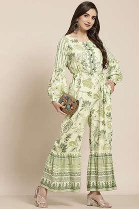 printed rayon round neck women's jumpsuit - olive