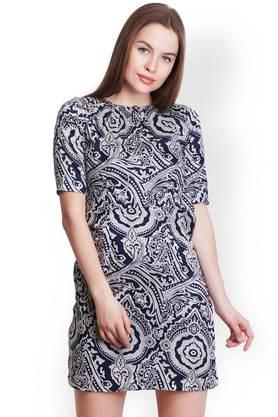 printed rayon round neck women's knee length dress - navy