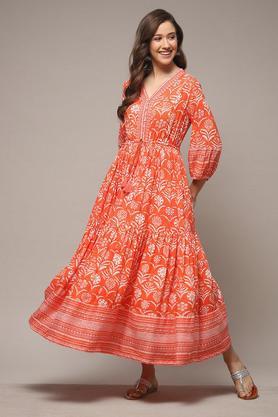 printed rayon round neck women's knee length dress - orange