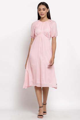 printed rayon round neck women's knee length dress - pink