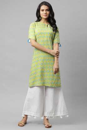 printed rayon round neck women's kurta - green