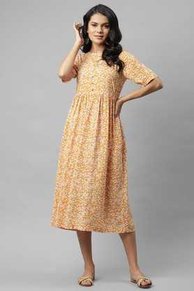 printed rayon round neck women's kurta - mustard