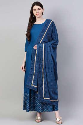 printed rayon round neck women's kurta dupatta set - blue