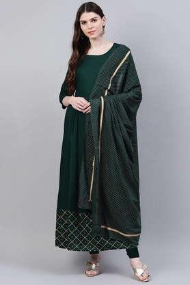 printed rayon round neck women's kurta dupatta set - green