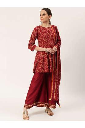 printed rayon round neck women's kurta dupatta set - maroon