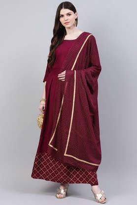 printed rayon round neck women's kurta dupatta set - wine