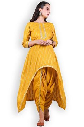 printed rayon round neck women's kurta dupatta set - yellow