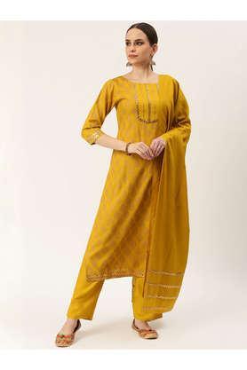 printed rayon round neck women's kurta dupatta set - yellow