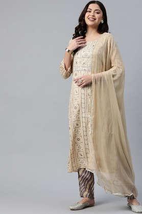 printed rayon round neck women's kurta palazzo dupatta set - natural