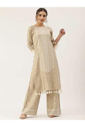 printed rayon round neck women's kurta palazzo set - natural