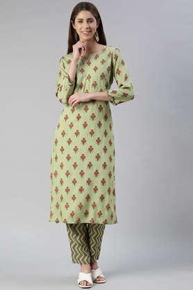 printed rayon round neck women's kurta pant set - green