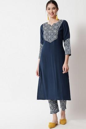 printed rayon round neck women's kurta set - teal