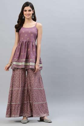 printed rayon round neck women's kurta sharara dupatta set - mauve