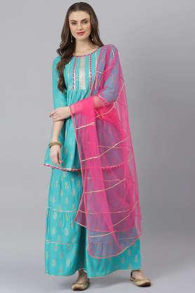 printed rayon round neck women's kurta sharara dupatta set - turquoise