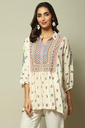 printed rayon round neck women's kurti - ecru