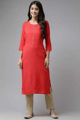 printed rayon round neck women's party wear kurti - red