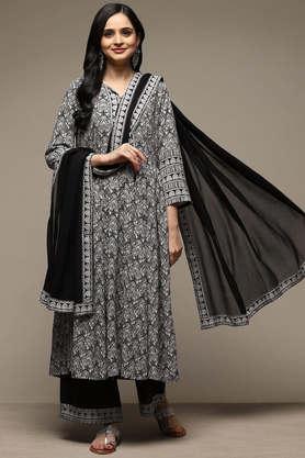 printed rayon round neck women's salwar kurta dupatta set - black