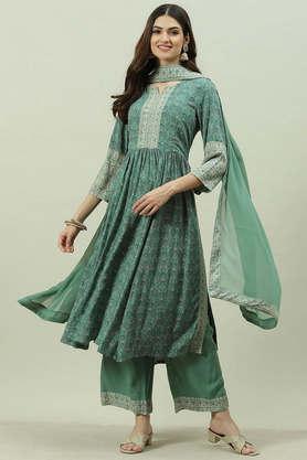 printed rayon round neck women's salwar kurta dupatta set - green