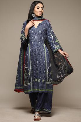 printed rayon round neck women's salwar kurta dupatta set - indigo