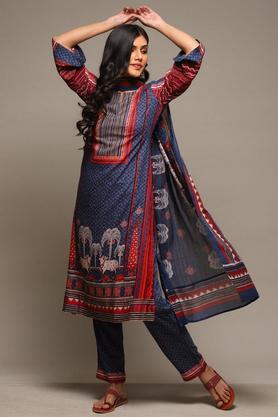printed rayon round neck women's salwar kurta dupatta set - indigo