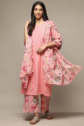 printed rayon round neck women's salwar kurta dupatta set - pink