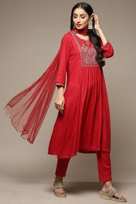 printed rayon round neck women's salwar kurta dupatta set - red