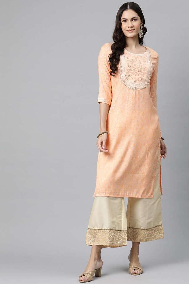 printed rayon round neck womens festive wear kurta