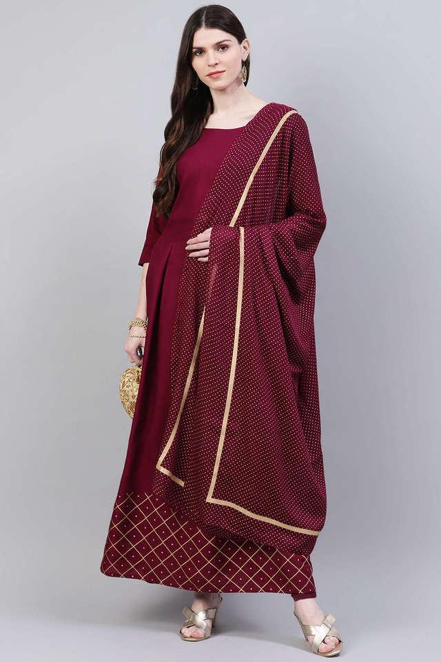 printed rayon round neck womens kurta dupatta set