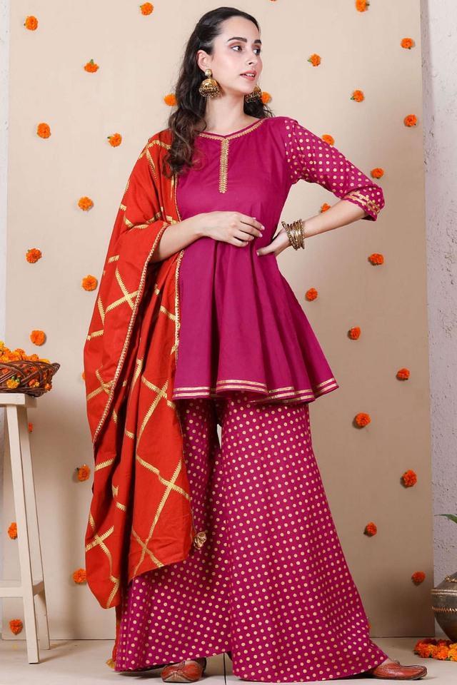 printed rayon round neck womens kurta sharara dupatta set