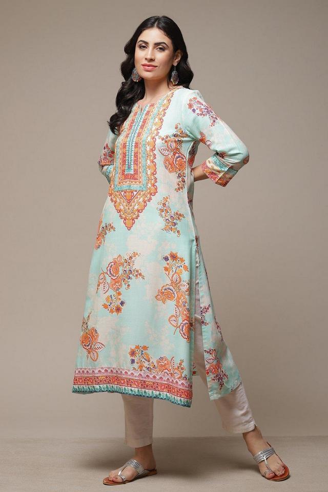 printed rayon round neck womens kurta