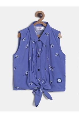printed rayon shirt collar girls top - blue