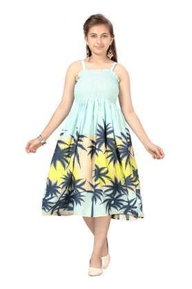 printed rayon square neck girls party wear dress - sea green