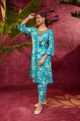 printed rayon straight fit women's kurta set - blue