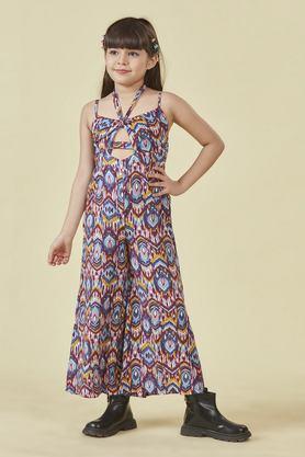 printed rayon tie up neck� girls casual wear jumpsuit - multi