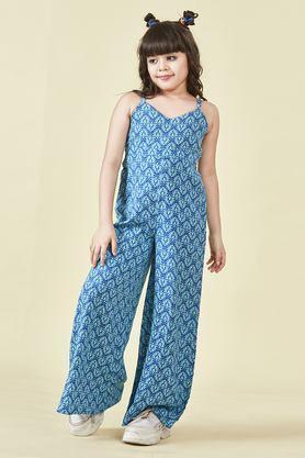 printed rayon v-neck girls casual wear jumpsuit - blue