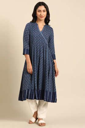 printed rayon v-neck women's casual wear kurta - indigo
