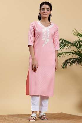 printed rayon v-neck women's casual wear kurta - pink