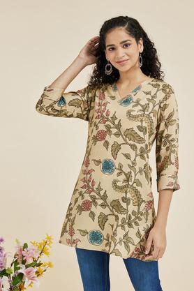 printed rayon v neck women's casual wear tunic - mustard