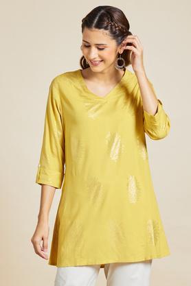 printed rayon v neck women's casual wear tunic - mustard